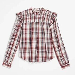 Loft Smocked yoke Plaid Ruffle Blouse szS